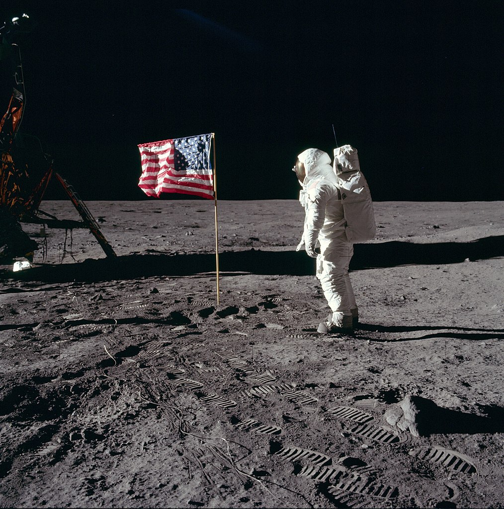Buzz Aldrin and US flag on the Moon