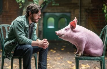 Man and pig in conversation