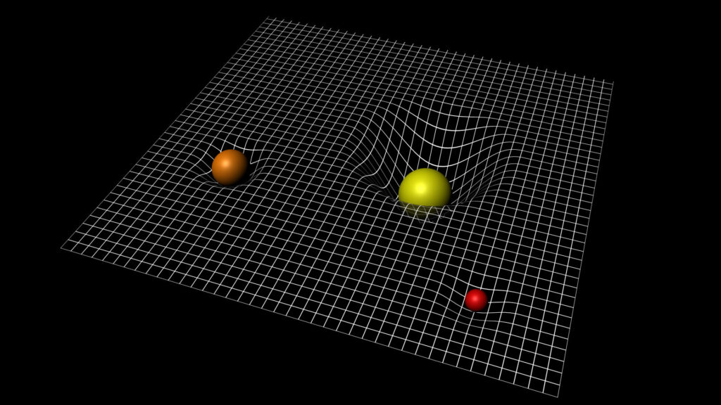 Illustration of spacetime curvature, showing that more massive objects bend the fabric of space and time more than objects with less mass. Physicists define mass as “resistance,” not weight. Image: European Space Agency.